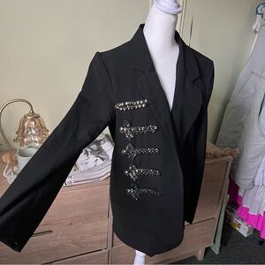 ALYTHEA Black & Silver Bejeweled Gemstone Blazer Slim Fit Military Jacket Sz M